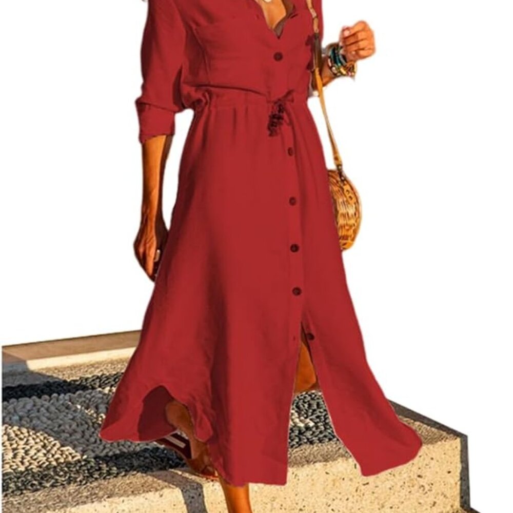 Luxveer Red Button Front Shirt Dress - Size Medium - Excellent Condition